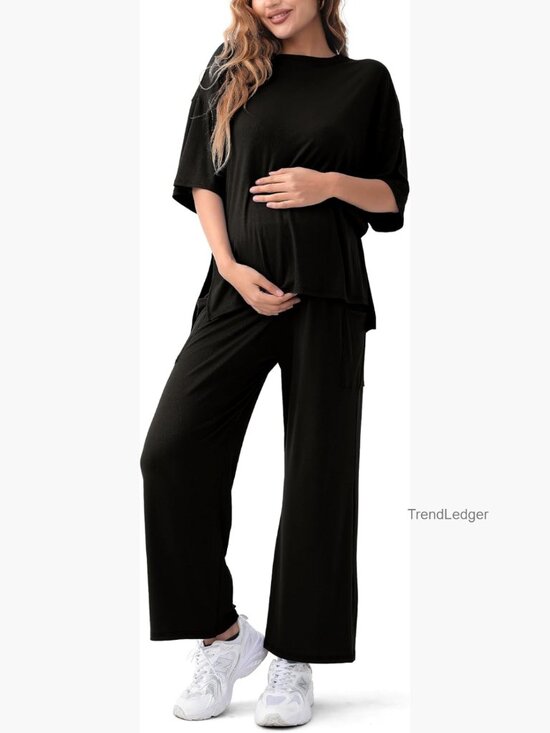 Pants - Maternity Lounge Set 2-Piece Adjustable Pants Soft Ribbed Fabric